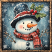 The 10" x 10" Jolly Rustic Snowman Sign TTE-131 features a festive snowman with a black top hat decorated with holly leaves and berries, set against a snowy background. It has a carrot nose, coal eyes and buttons, a red plaid scarf, and twig arms, creating an inviting winter wonderland scene.