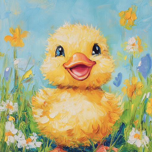The 10 x 10 Joyful Chick Sign TTE-198 features a fluffy yellow duckling with an open beak in a field of colorful wildflowers under a bright blue sky, exuding charm and cheerfulness.
