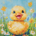 The 10 x 10 Joyful Chick Sign TTE-198 features a fluffy yellow duckling with an open beak in a field of colorful wildflowers under a bright blue sky, exuding charm and cheerfulness.