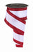 A spool of 2.5 X10Yd White/Red Vertical Glitter Stripe Ribbon (LS312067) is partially unrolled, its glittery striped edge curling loosely in a spiral.