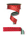 The 1.5 x 10YD Red White and Emerald Polka Dot And Stripe Fused Ribbon (LX30644N) features white polka dots on red with a green-and-white striped reverse, double-sided and partially unrolled in a spiral.