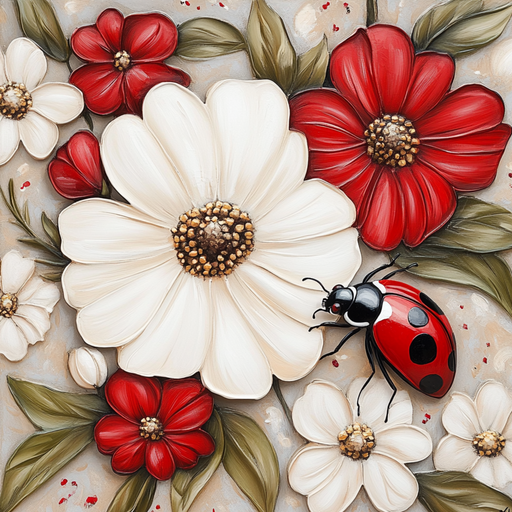 The 10 x 10 Ladybug Daisy Sign TTE-240 presents a vivid nature scene featuring a ladybug on a white flower, surrounded by red and white blossoms with green leaves on a soft gray background.