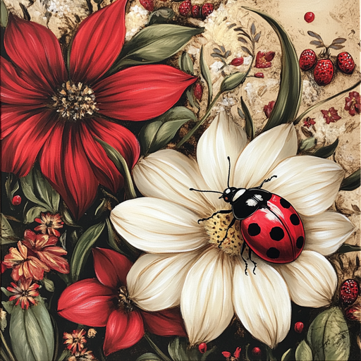 The 10 x 10 Ladybug Flower Sign TTE-237 beautifully shows a red and black ladybug on a white flower, amidst red and white blossoms with green leaves. Metal accents add subtle shine, enhancing the whimsical flower arrangement and additional ladybugs for an enchanting touch.