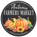 The 12Dia Metal Autumn Farmers Market Sign (Charcoal/Yellow/Green/Orange, MD0995) features Fresh Local Produce, pumpkins, gourds, leaves, and a sunflower on a black background.