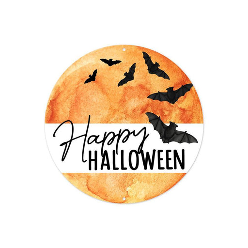 The 8Dia Happy Halloween Moon Sign features a round lt orange metal design with black flying bats and bold Happy Halloween text. The sign captures the haunting elegance of a Halloween moon night.