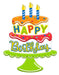 A vibrant birthday cake illustration adorned with orange and red icing, topped with three blue striped candles, features HAPPY Birthday in multicolored letters on the 14.5 H by 11 Blue/Lime/Red/White/Orange Metal Birthday Cake Sign MD108860, perfect for festive party decor.
