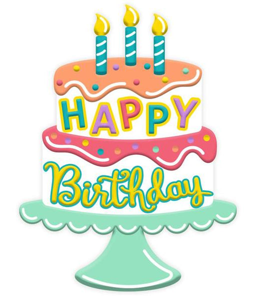 The 14.5 H by 11 Coral/Aqua/Yellow/White/Pink Metal Birthday Cake Sign MD108861 showcases a two-layer cake design with colorful icing, sprinkles, and three lit candles. Happy is in bold on the first layer, and Birthday is in cursive on the second layer atop a sleek green stand.