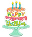 The 14.5 H by 11 Coral/Aqua/Yellow/White/Pink Metal Birthday Cake Sign MD108861 showcases a two-layer cake design with colorful icing, sprinkles, and three lit candles. Happy is in bold on the first layer, and Birthday is in cursive on the second layer atop a sleek green stand.