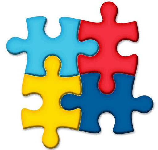 The 13 H by 13 Lt Blue/Yellow/Dk Blue/Red Puzzle Pieces Sign MD1143 features a colorful 2x2 grid of metal jigsaw pieces, symbolizing connection and teamwork.