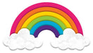 A 15 L by 8.25 metal rainbow sign features hot pink, orange, yellow, lime, turquoise, and purple arcs. The vibrant display is complemented by fluffy white clouds on each side against a plain white background.