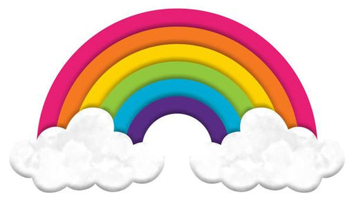 A 15 L by 8.25 metal rainbow sign features hot pink, orange, yellow, lime, turquoise, and purple arcs. The vibrant display is complemented by fluffy white clouds on each side against a plain white background.