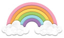 The 15 L by 8.25 Pink/Pch/Yellow/Green/Blue/Lavender Metal Rainbow Sign MD114566 features a rainbow with pastel arches and fluffy clouds on a white background, ideal as vibrant wall art for any room.