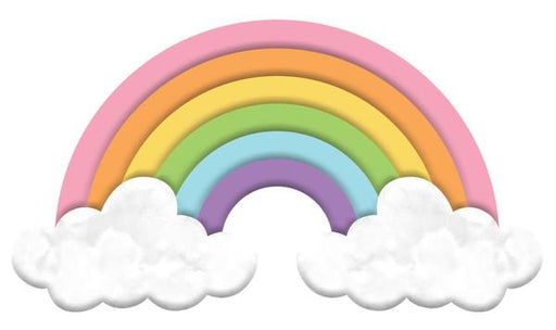 The 15 L by 8.25 Pink/Pch/Yellow/Green/Blue/Lavender Metal Rainbow Sign MD114566 features a rainbow with pastel arches and fluffy clouds on a white background, ideal as vibrant wall art for any room.
