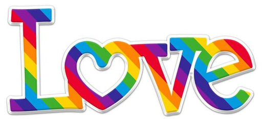 The product, 13.5 L by 6 Red/Orange/Yellow/Green/Blu/Purple Metal/Embossed Love MD1196, features Love in vibrant stripes, with the L and e in standard font. A heart shapes the o, while the v seamlessly integrates into this artistic design.