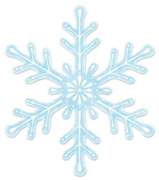 Illustration of the 12" H by 10.5" Pale Blue/White Metal/Embossed Snowflake MD120072, featuring a delicate design with six symmetrical branches adorned with small protrusions, set against a white background.