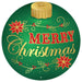 The 12" Diameter Metal Merry Christmas Ornament Sign, labeled MD1328, boasts an emerald green background with "Merry Christmas" elegantly inscribed in gold and red letters. It features a metal design adorned with red poinsettias and holly, highlighted by shimmering gold accents, making it an ideal festive decoration.