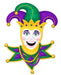The 15 H Mardi Gras Metal Jester Head Sign (MD1339) showcases a festive illustration of a jester mask with a green, purple, and yellow hat with bells. The smiling face has rosy cheeks and colorful beads, capturing the vibrant spirit of Mardi Gras.