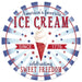 This vintage-style sign, named 12DIA Red White Blue Metal Americas Ice Cream Sign MD1510, features a red cone and swirl with text: Americas favorite ICE CREAM Since 1776, celebrating SWEET FREEDOM. It embodies classic American charm with blue and red stars on a light blue backdrop.