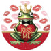 Illustration of a frog in a gold crown and bow tie, holding a heart with KISS ME, with red lipstick kiss marks in the background, inspired by the 12 DIA Red/White/Green/Gold Metal Kiss Me Frog Prince Sign MD154924.