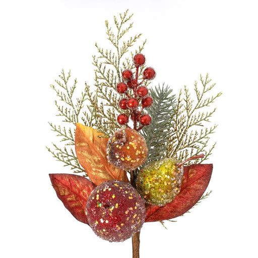 The 14 Multi Beaded Mixed Fruit Pick MTX62970 features glittery red and gold artificial fruits, red berries, beaded fruits, gold and green pine foliage, plus red and gold leaves on a white background—perfect for festive holiday decor.