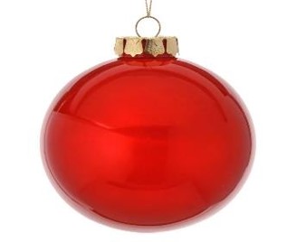 The 4" "Glass Look" Plastic Ball Ornament Red MTX65642 features a shiny red finish, gold cap, and string, adding festive charm to any décor. Perfectly isolated on a white background.