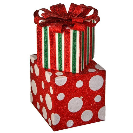 The 12.5 Red White and Green Sparkle Striped Dot Gift Box Stack with Bow (MTX67563) features a red box with white dots on bottom, topped by a red, white, and green sparkle-striped box with a large glittery red bow.