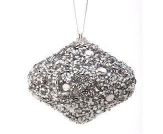 The 85mm VP Beaded Onion Ornament Box of 3 Silver (MTX70581) features an intricate textured design with reflective beads and sequins, a geometric shape, and a hanging loop. The vacuum-plated ornament is centered against a white background in the image.
