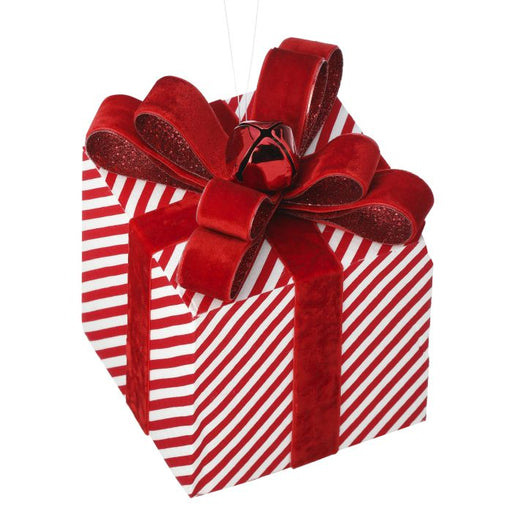 The 6.5 Red and White Glitter Stripe Gift Box with Jingle Bell (MTX70814) features diagonal red and white glitter stripes, a red velvet ribbon and bow, and is topped with a festive jingle bell ornament.