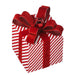 The 6.5 Red and White Glitter Stripe Gift Box with Jingle Bell (MTX70814) features diagonal red and white glitter stripes, a red velvet ribbon and bow, and is topped with a festive jingle bell ornament.