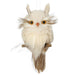 The 7 Natural and Cream Flat Natural Snow Owl Ornament (MTX71197) features fluffy white plumage, large yellow eyes, brown-tipped feathers, and sits on a small wooden perch against a plain background.
