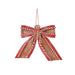 Add festive cheer to your tree with the 15 Brown Red and White Sugar and Spice Gingerbread Bow MTX75785. Featuring glittery accents and a red and white hanging string, this charming ornament is perfect for Christmas decoration.