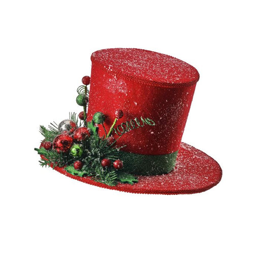 The 5.5 Red Green and Silver Retro Felt Top Hat MTX75961 features a festive design with snow-dusted felt, berries, pine needles, small ornaments, and a green band—perfect for holiday décor.