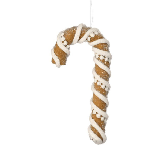 The 8 Brown and White Gingerbread Candy Cane Ornament (MTX75987) features white icing swirls and small dots, making it a perfect Christmas decoration. It hangs beautifully against a plain white background.