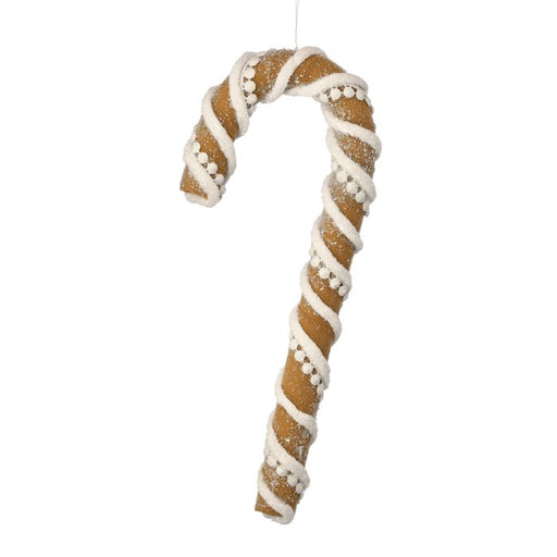 The 12 Brown and White Gingerbread Candy Cane Ornament (MTX75988) features charming white icing swirls and bead accents, making it a festive Christmas decoration perfect for any holiday display.
