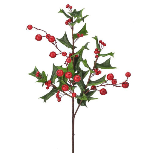 The 31 Green and Red Pacific Northwest Holly with Berries Spray (MTX76027) features glossy green spiky leaves and bright red berries on brown stems, ideal for festive decor.