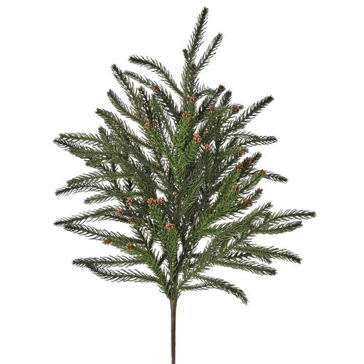 The 28 Green and Brown Natural Touch Hemlock Spray MTX76762 features a realistic pine branch with green needles and small brown pine cones, shown isolated on a white background.