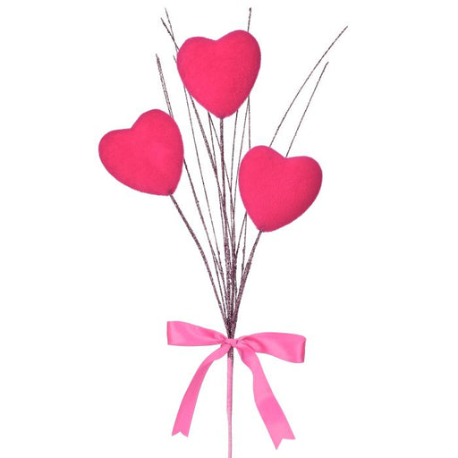 Three 24 hot pink flocked heart picks (Product: 24 Hot Pink Flocked Heart Pick with 3 Stems MTX77054HP) are tied together with a pink ribbon bow, bouquet-style, against a plain white background.