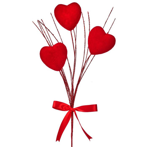The 24 Red Flocked Heart Pick with 3 Stems (MTX77054R) features three red heart picks on 24-inch stems, tied together with a shiny red ribbon bow at the base, all displayed against a white background.