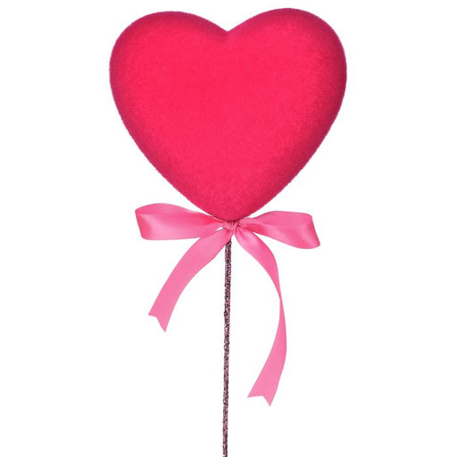 The 18 Hot Pink Flocked Solid Heart Pick (MTX77056HP), featuring a plush heart and shiny pink ribbon bow, stands out against a white background.
