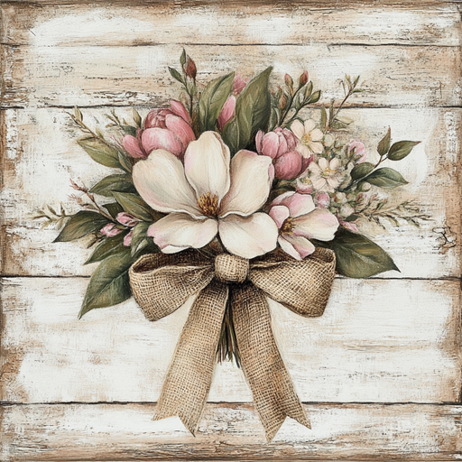 The 10 x 10 Magnolia Bouquet with Burlap Bundle Sign TTE-189 features rustic metal with white magnolias and pink peonies tied in a burlap bow against a distressed wooden background, epitomizing vintage country charm.