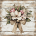 The 10 x 10 Magnolia Bouquet with Burlap Bundle Sign TTE-189 features rustic metal with white magnolias and pink peonies tied in a burlap bow against a distressed wooden background, epitomizing vintage country charm.