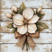 The 10 x 10 Magnolia with Burlap Bow Sign (TTE-190) features a rustic cream magnolia with buds and green leaves, accented by a burlap bow, set on a metal sign with a distressed white wooden background.