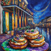 Colorful painting of a New Orleans street at night features Mardi Gras beads, festive lights, and a 10 x 10 Mardi Gras Festival Sign TTE-148, with three king cakes topped with purple, green, and gold sugar in the foreground.