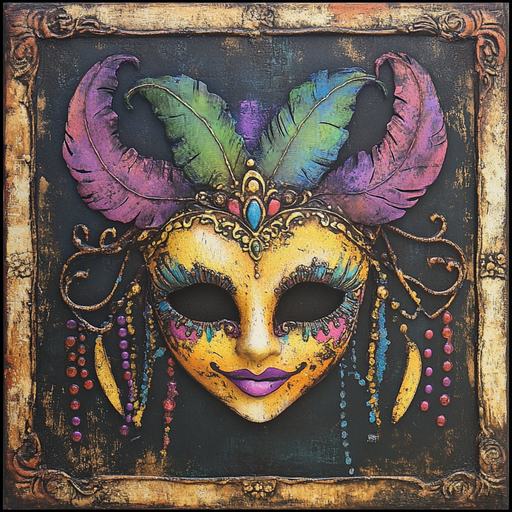 The 10 x 10 Mardi Gras Mask Sign TTE-149 features a vibrant mask adorned with feathers and jewels in purple, green, and gold hues, set against a textured dark background. It is elegantly framed by an aged, decorative border reminiscent of a vintage metal sign.
