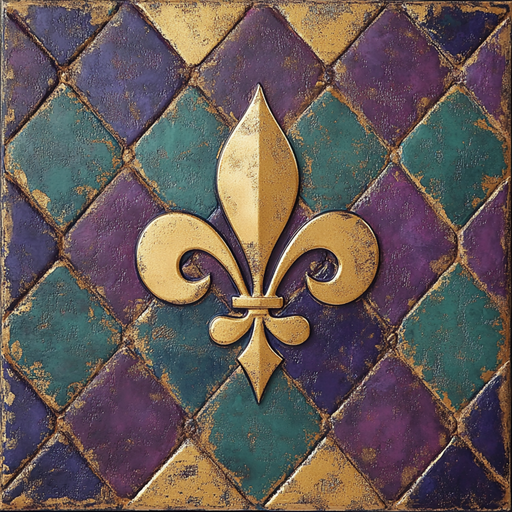 The 10 x 10 Mardi Gras Tile with Fleur De Lis Sign TTE-119 features a central golden fleur-de-lis on a diamond-patterned backdrop in purple, green, and gold hues reminiscent of vintage Mardi Gras tiles.