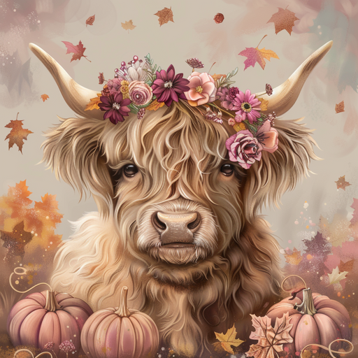 A fluffy Mauve Highland Cow wearing a crown of autumn flowers sits among pumpkins and leaves on a soft pastel background, featured on the 10 x 10 Mauve Highland Cow Fall Sign TTE-324—perfect for adding charm to your fall decor.