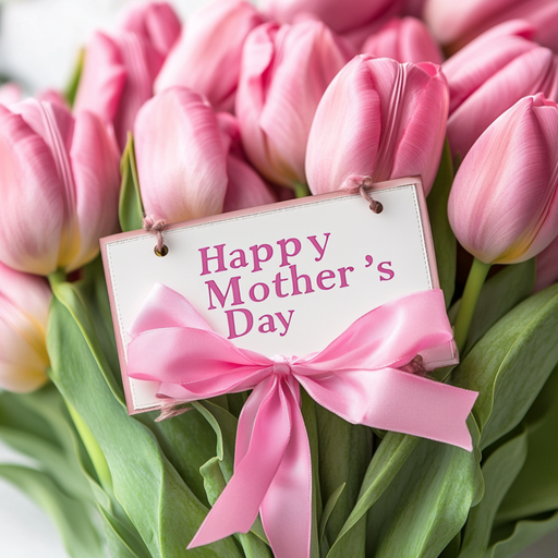 The 10 x 10 Mothers Day Tulip Bouquet Sign TTE-225, elegantly inscribed with Happy Mothers Day and decorated with a pink ribbon bow, is perfect for celebrating the special day.