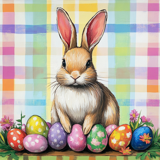 A cute brown rabbit sits against a multicolor plaid background with vibrant Easter eggs and pink flowers, resembling the 10 x 10 Multicolor Plaid Bunny Sign TTE-177.