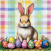 A cute brown rabbit sits against a multicolor plaid background with vibrant Easter eggs and pink flowers, resembling the 10 x 10 Multicolor Plaid Bunny Sign TTE-177.