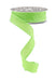 The 1X10YD Lime Green Floral/Leaves Ribbon, product number NR100030, is unwinding to reveal its intricate floral and leaves pattern, with the wired ribbon spiraling downward to display its decorative edge.